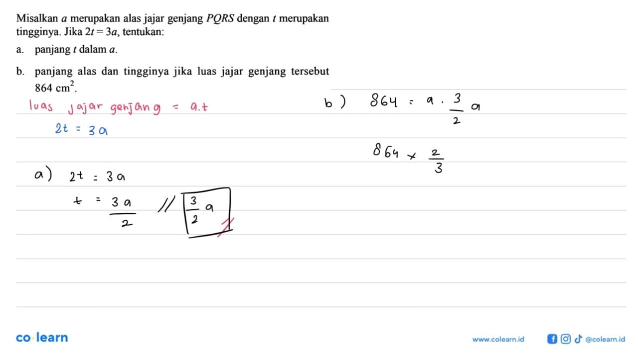 Misalkan a merupakan alas jajar genjang PQRS dengan t