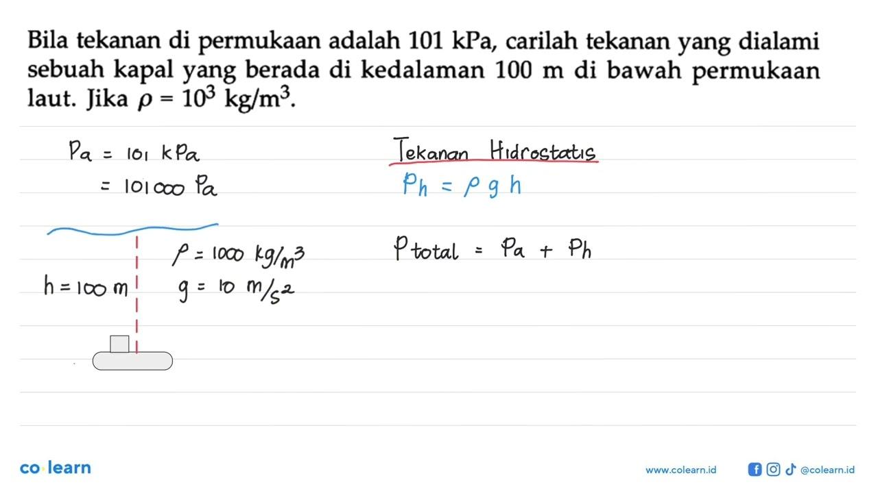 Bila tekanan di permukaan adalah 101 kPa, carilah tekanan