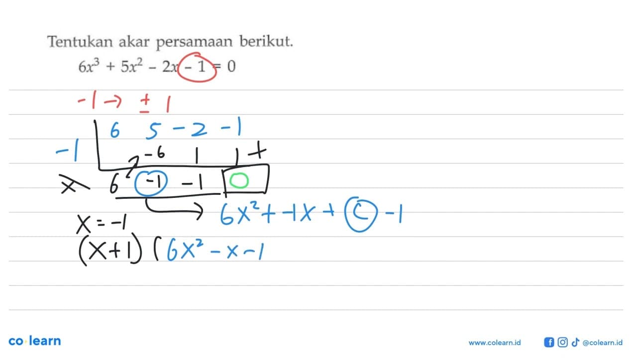 Tentukan akar persamaan berikut. 6x^3+5x^2-2x-1=0