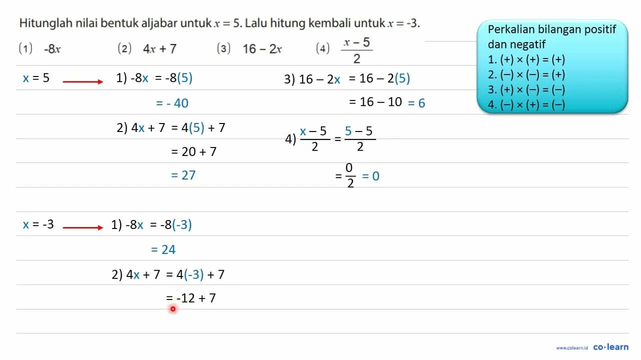 Hitunglah nilai bentuk aljabar untuk x=5 . Lalu hitung