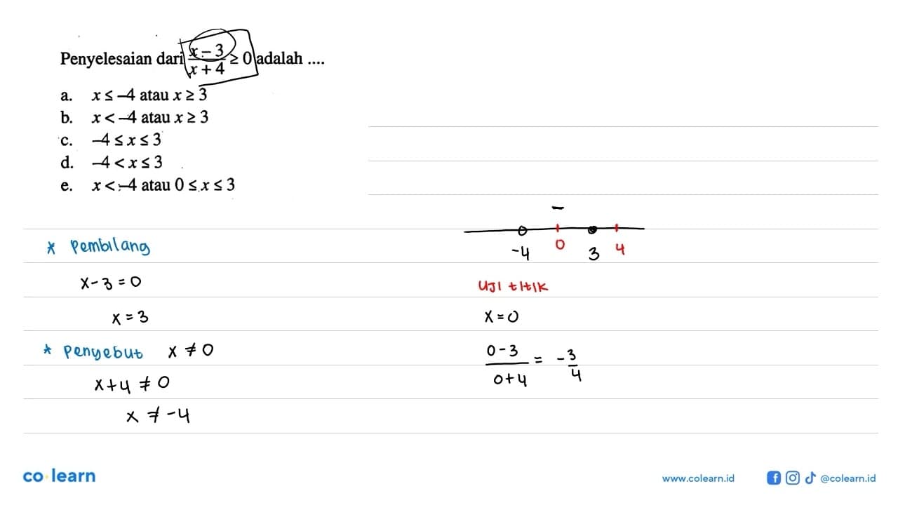 Penyelesaian dari (x-3)/(x+4)>=0 adalah ....