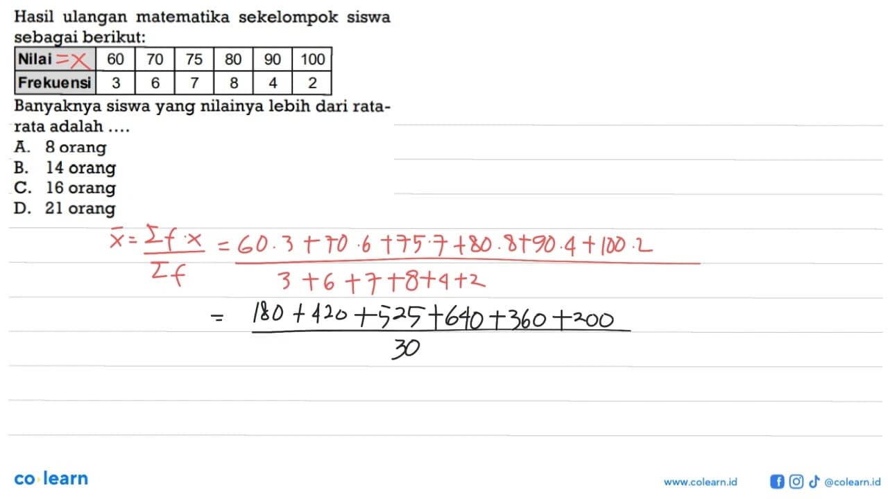 Hasil ulangan matematika sekelompok siswa sebagai berikut: