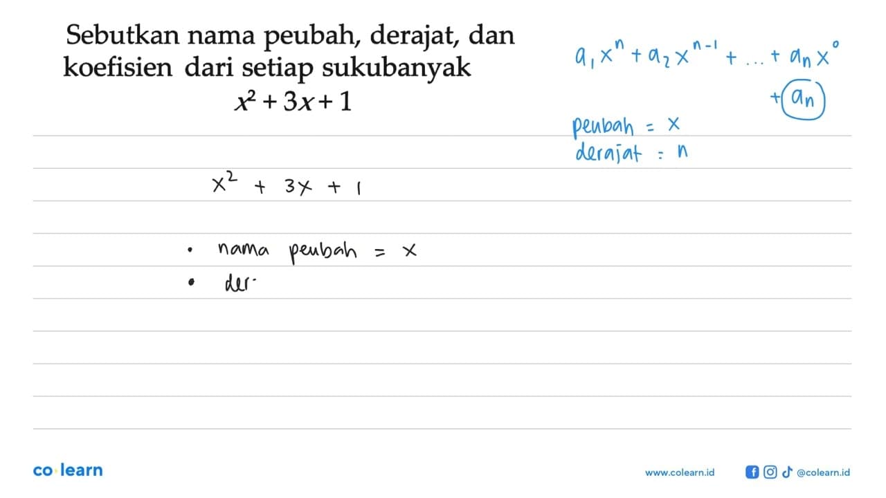 Sebutkan nama peubah, derajat, dan koefisien dari setiap