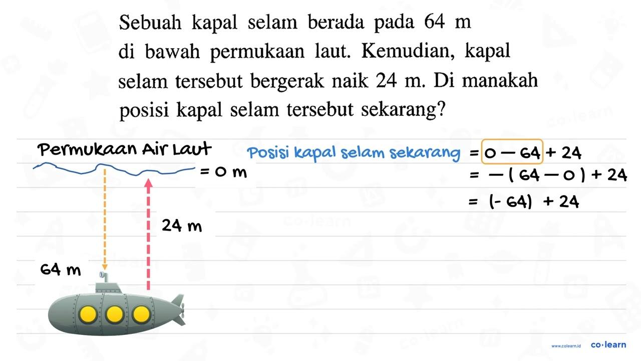 Sebuah kapal selam berada 64 pada m bawah permukaan laut.