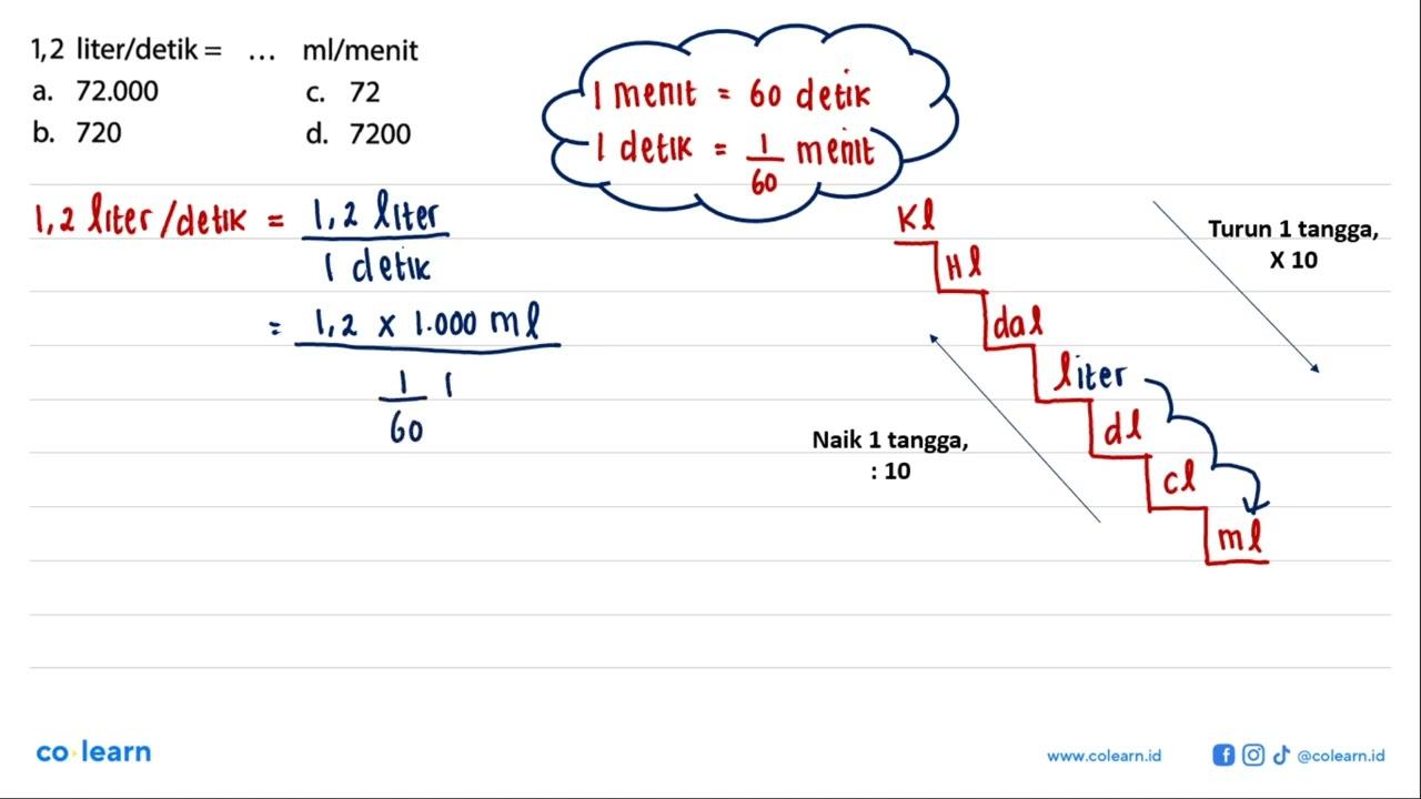 1,2 liter/detik = ... ml/menit
