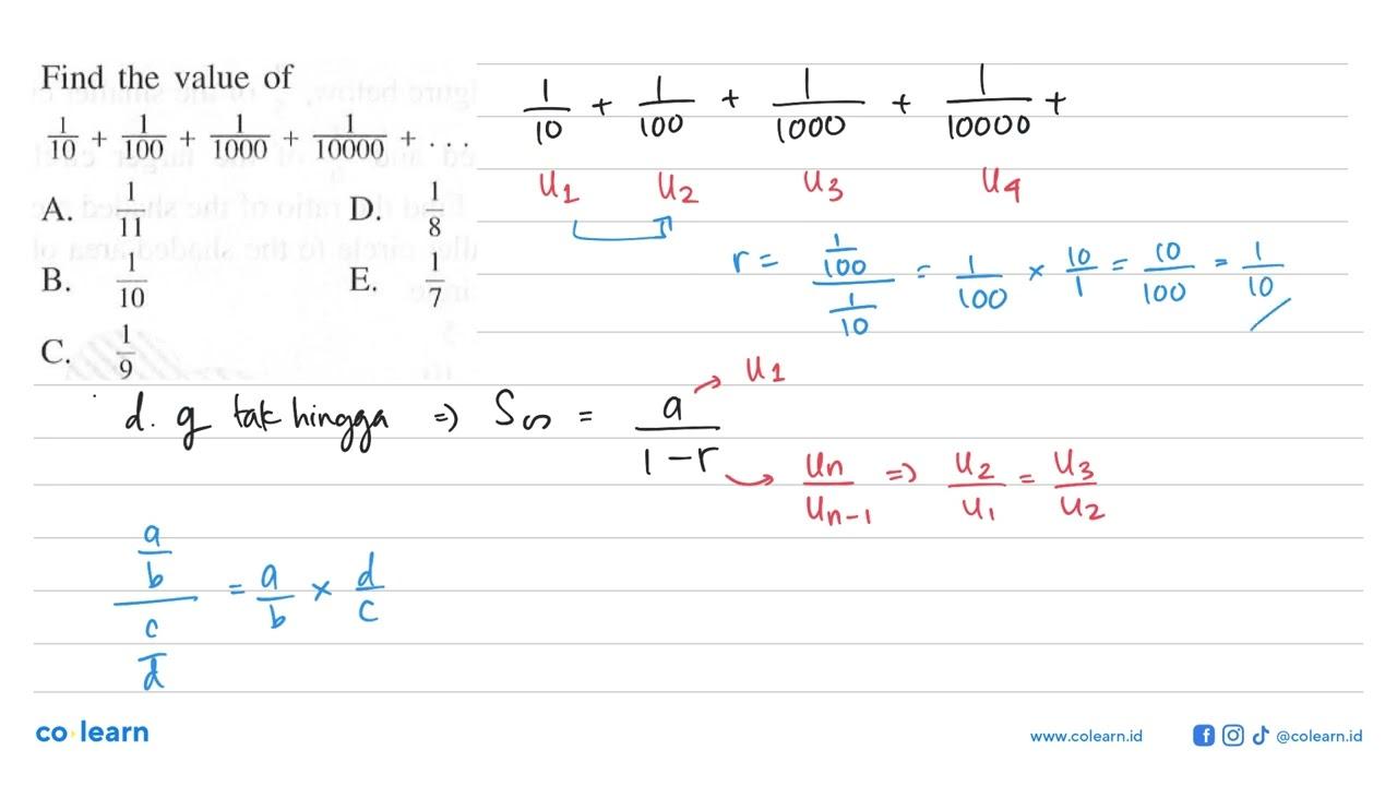 Find the value of 1/10 + 1/100 + 1/1000 + 1/10000 +...