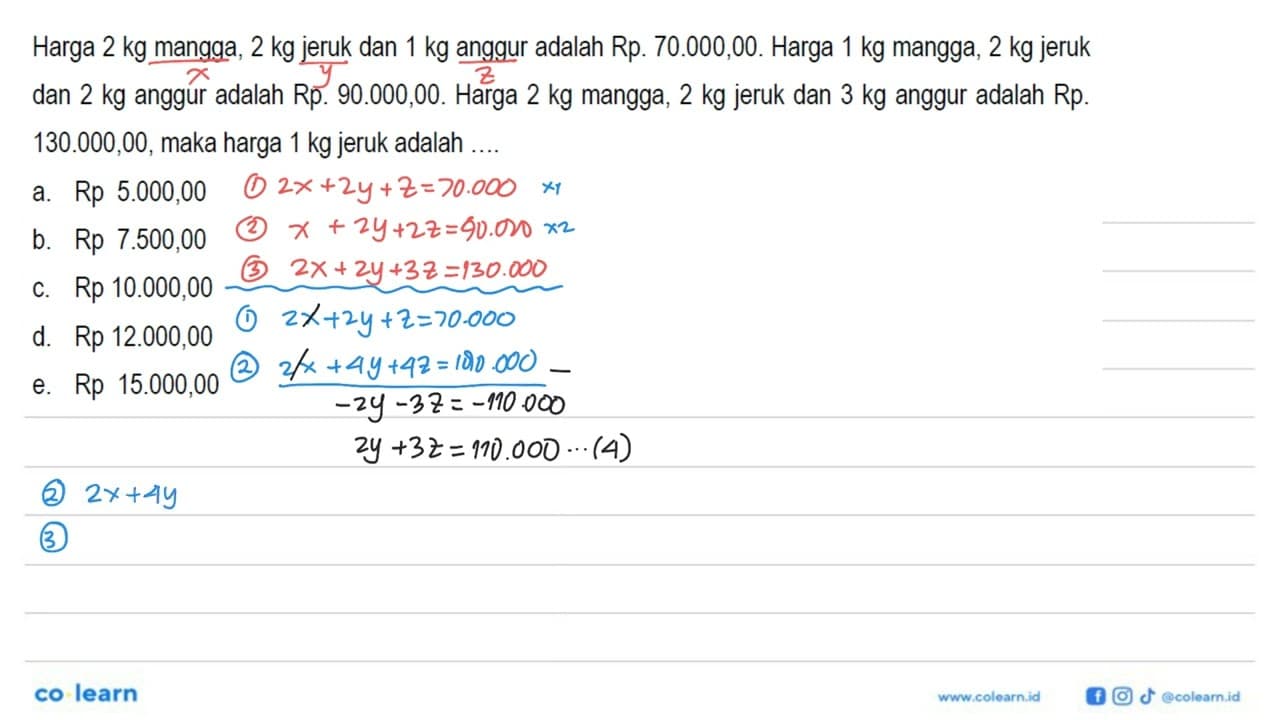 Harga 2 kg mangga, 2 kg jeruk dan 1 kg anggur adalah Rp.