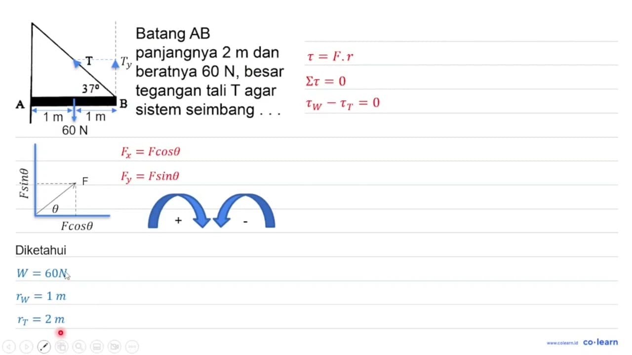 Batang AB panjangnya 2 m dan beratnya 60 N , besar tegangan