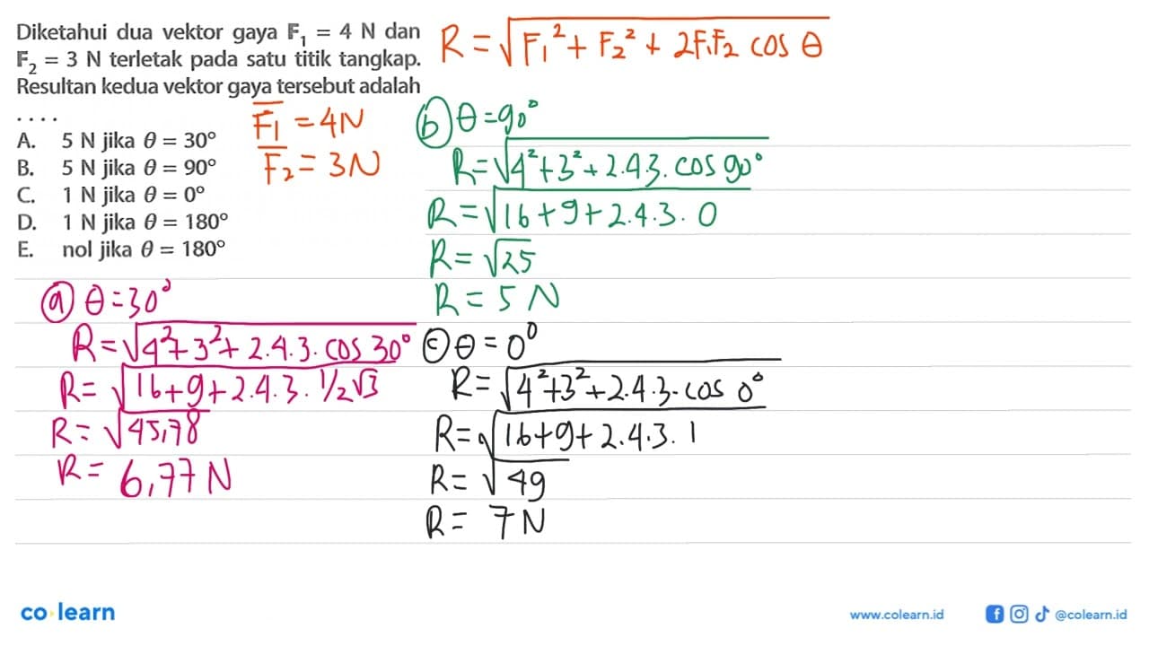 Diketahui dua vektor gaya F1 = 4 N dan F2 = 3 N terletak