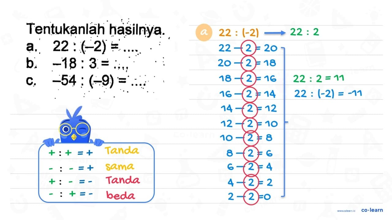 Tentukanlah hasilnya. a. 22 : (-2) = .... b. -18 : 3 = ....