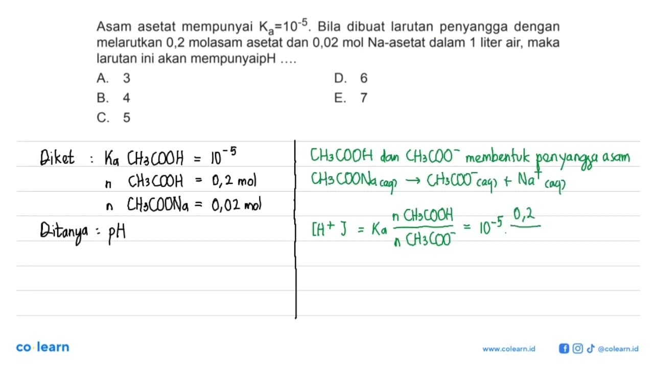 Asam asetat mempunyai Ka=10^(-5). Bila dibuat larutan