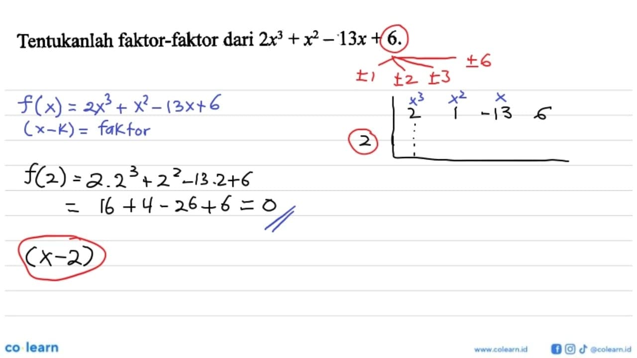 Tentukanlah faktor-faktor dari 2x^3+x^2-13x+6.