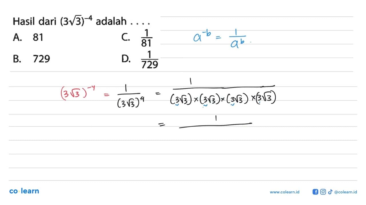 Hasil dari (3 akar(3))^(-4) adalah....