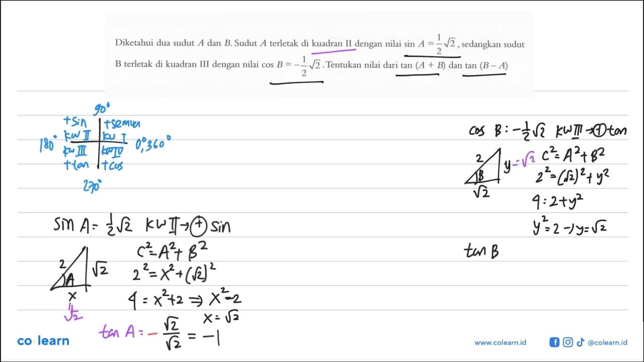 Diketahui dua sudut A dan B. Sudut A terletak di kuadran Il
