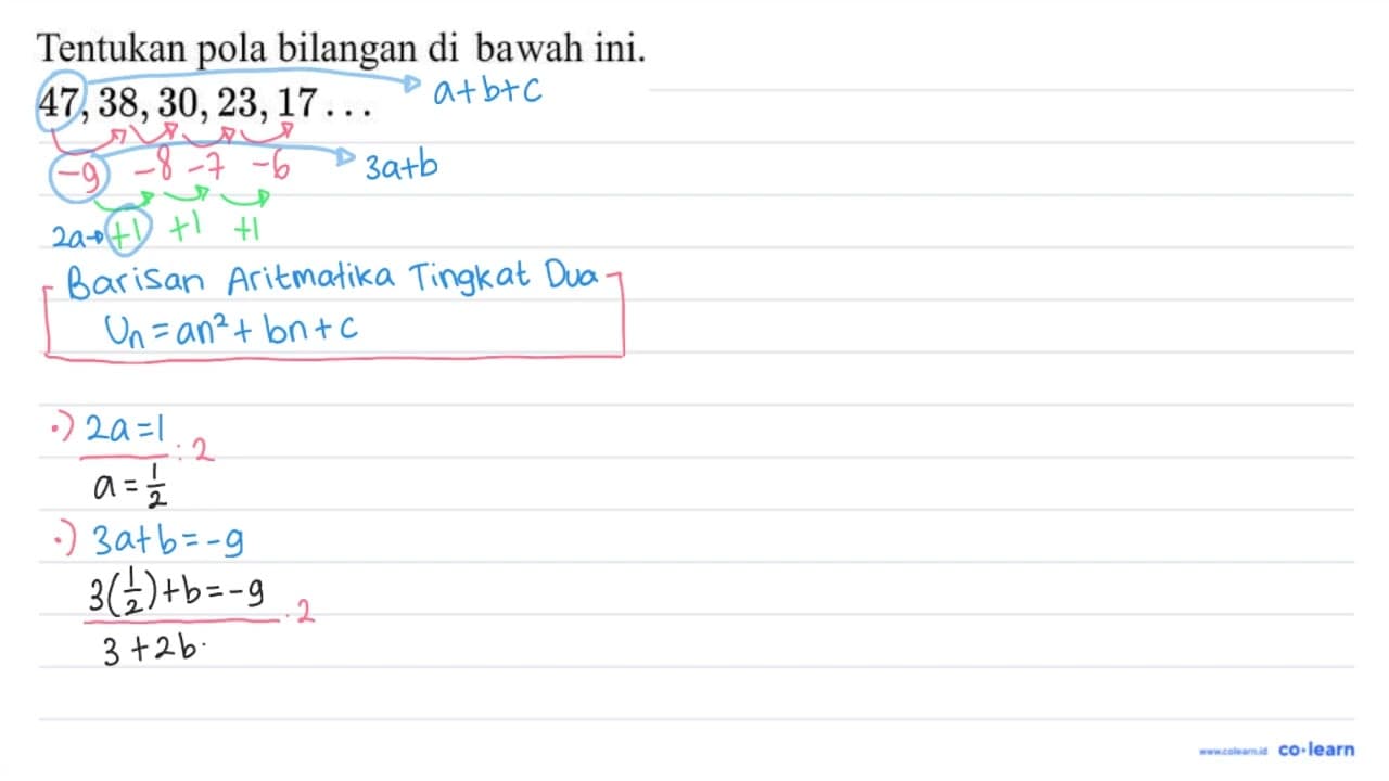 Tentukan pola bilangan di bawah ini. 47,38,30,23,17 ...