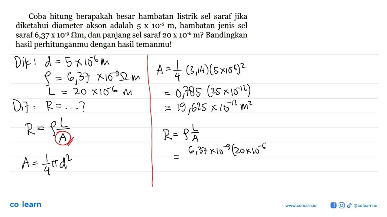 Coba hitung berapakah besar hambatan listrik sel saraf jika