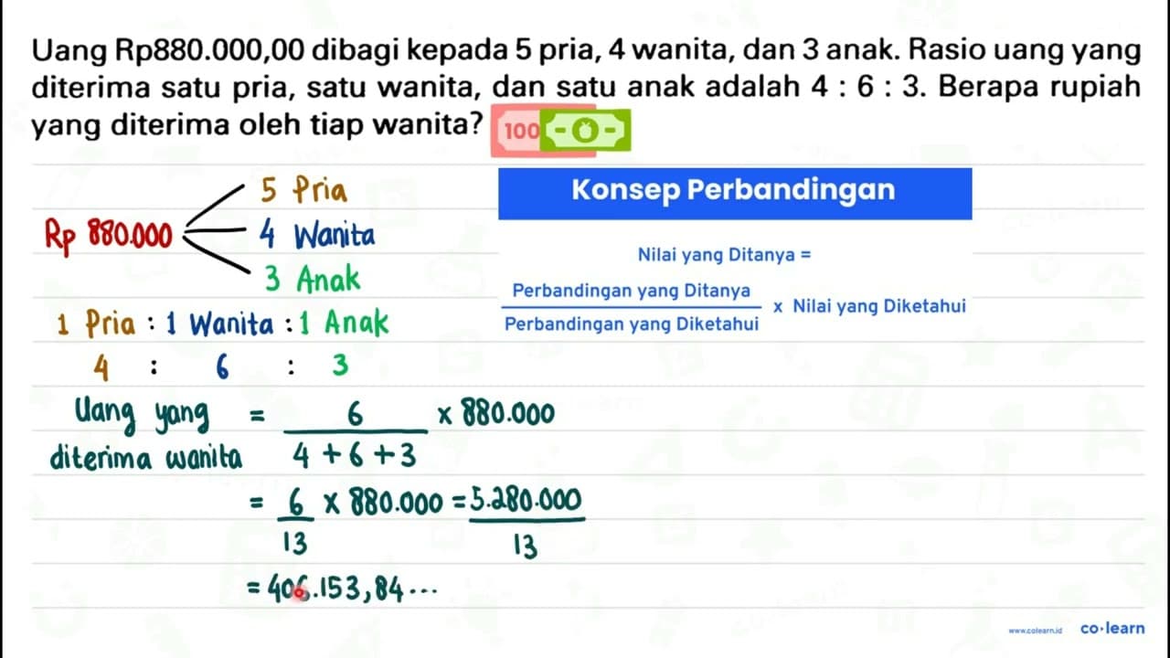 Uang Rp880.000,00 dibagi kepada 5 pria, 4 wanita, dan 3