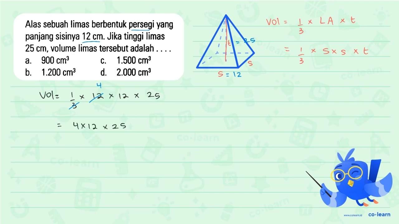 Alas sebuah limas berbentuk persegi yang panjang sisinya 12