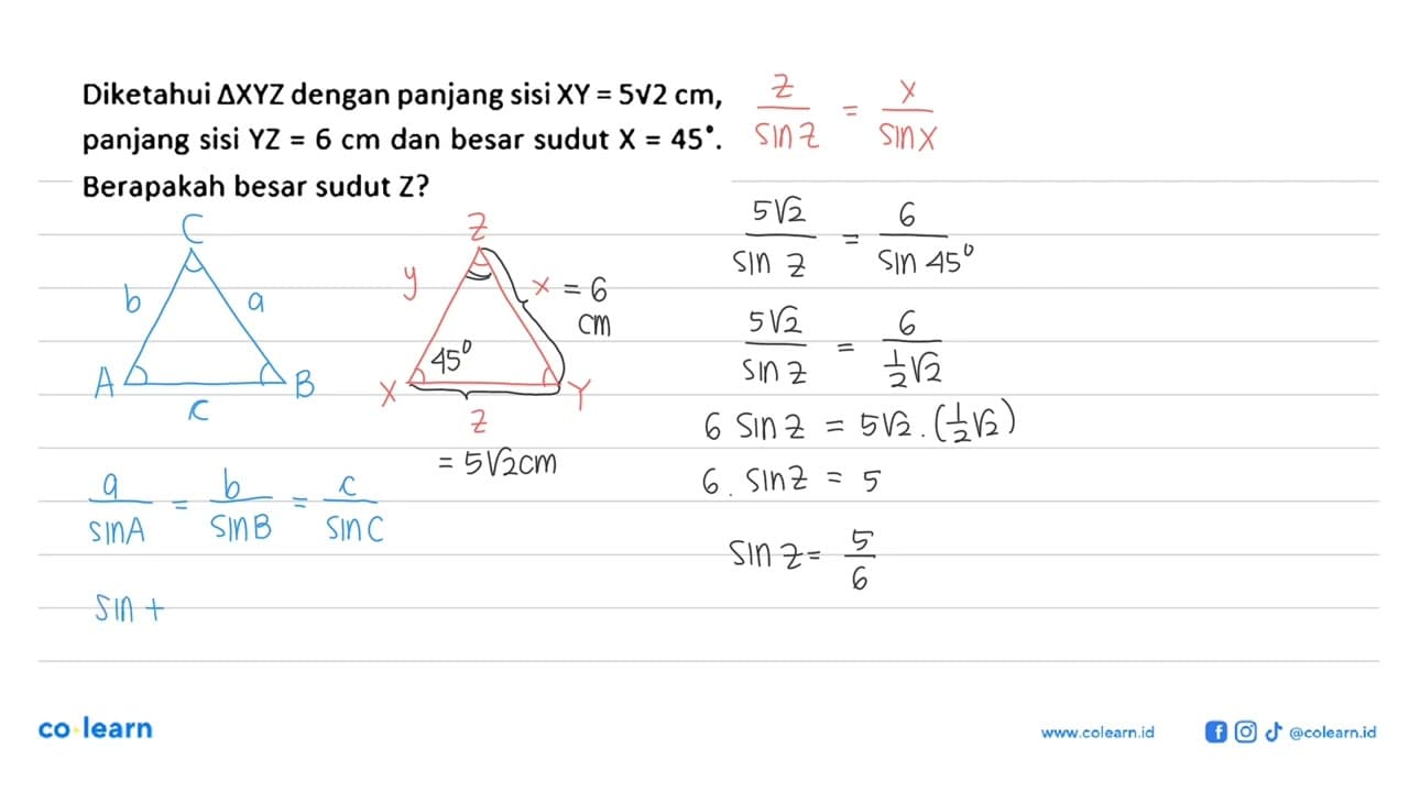 Diketahui segitiga XYZ dengan panjang sisi XY=5 akar(2) cm,