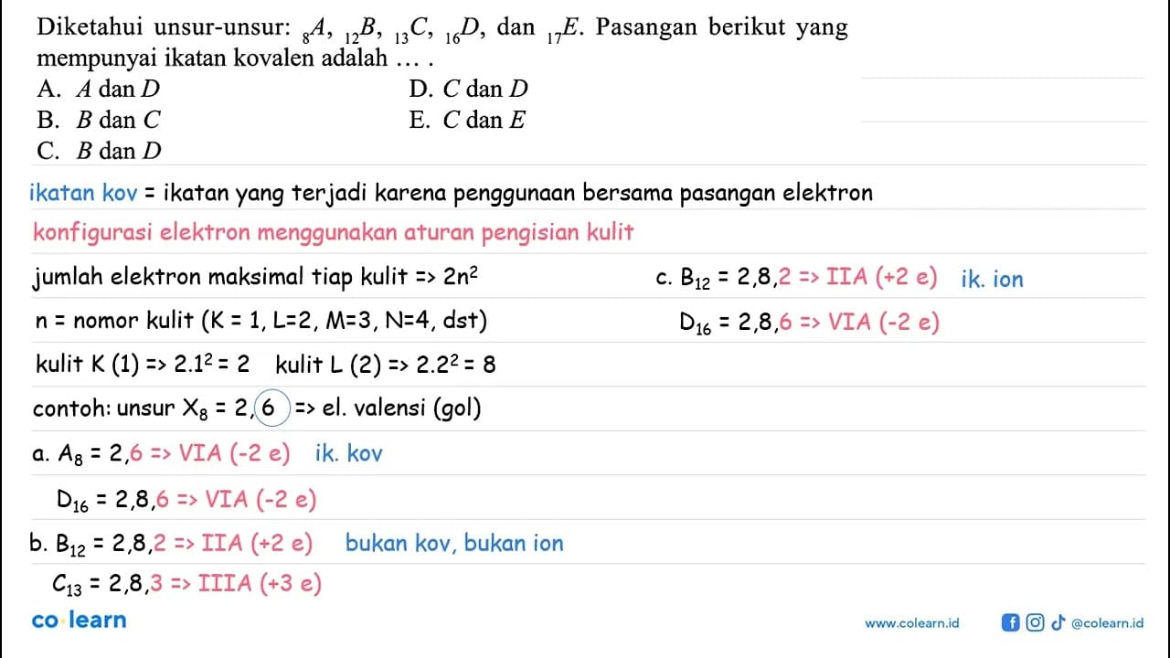 Diketahui unsur-unsur: 8 A, 12 B, 13 C, 16 D , dan 17 E .