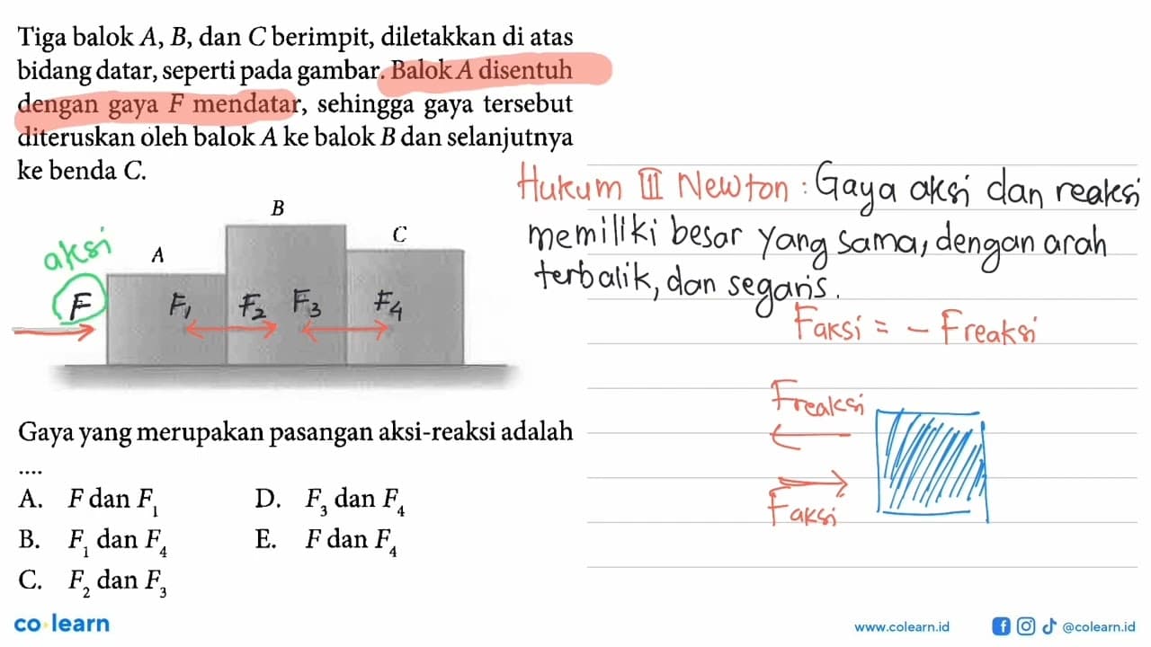 Tiga balok A, B , dan C berimpit, diletakkan di atas bidang