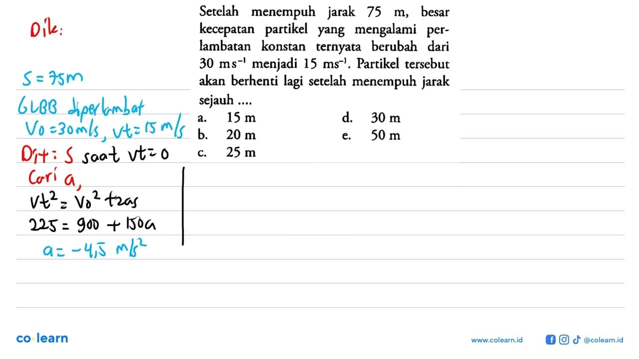 Setelah menempuh jarak 75 m, besar kecepatan partikel yang