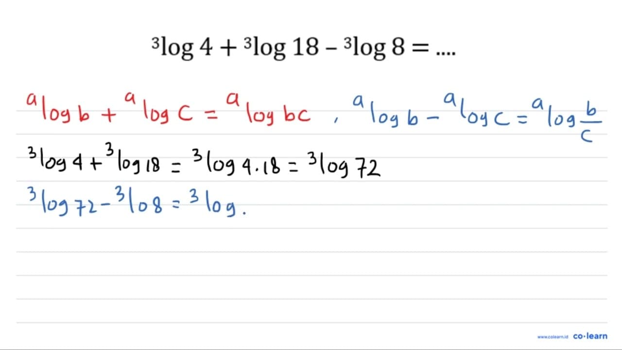 3log4 + 3log18 - 3log8 =...