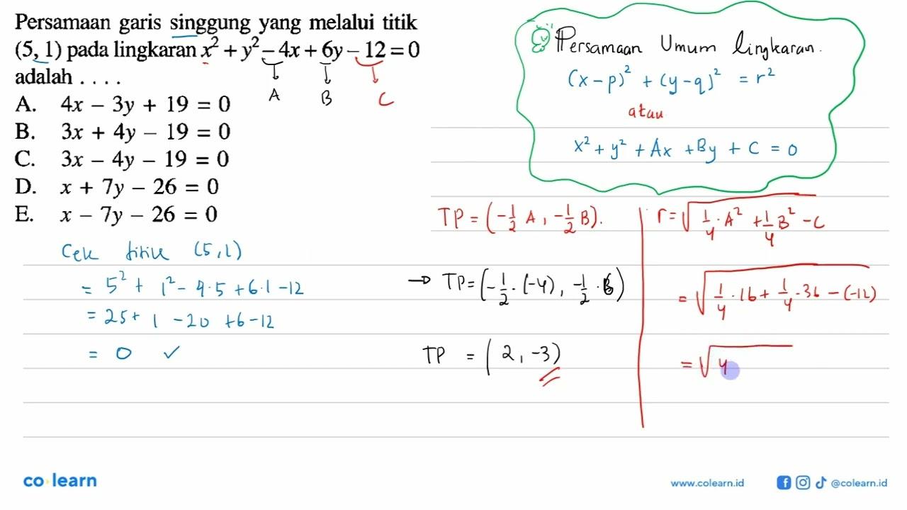 Persamaan garis singgung yang melalui titik (5,1) pada