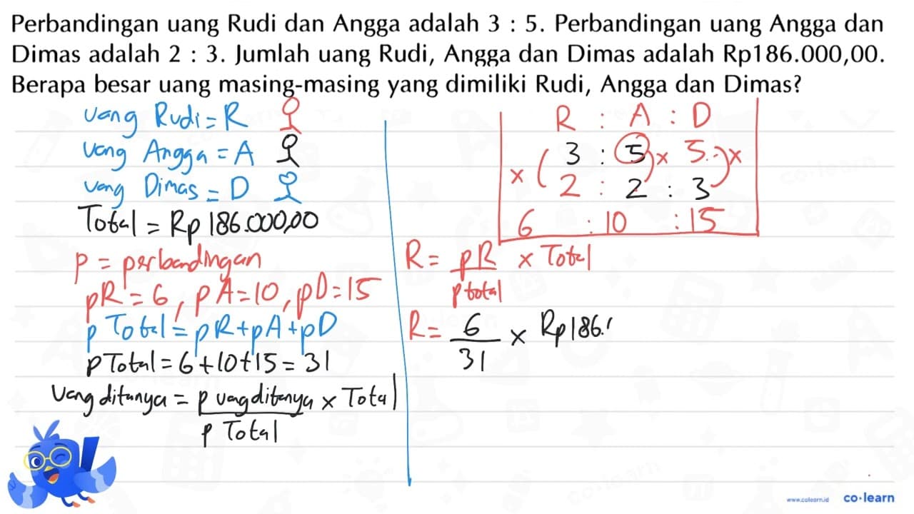 Perbandingan uang Rudi dan Angga adalah 3 : 5. Perbandingan