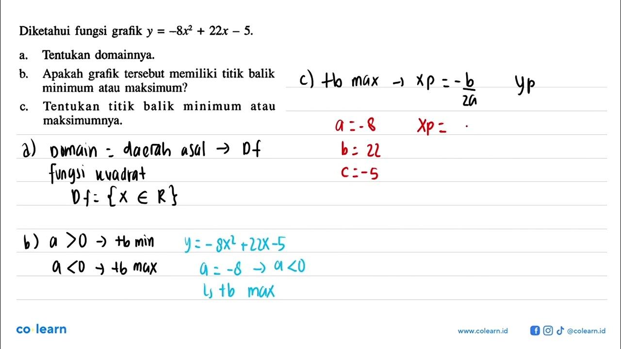 Diketahui fungsi grafik y=-8x^2+22x-5. a. Tentukan