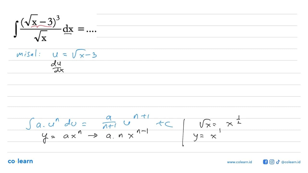 integral ((akar(x)-3)^3/akar(x)) dx=...