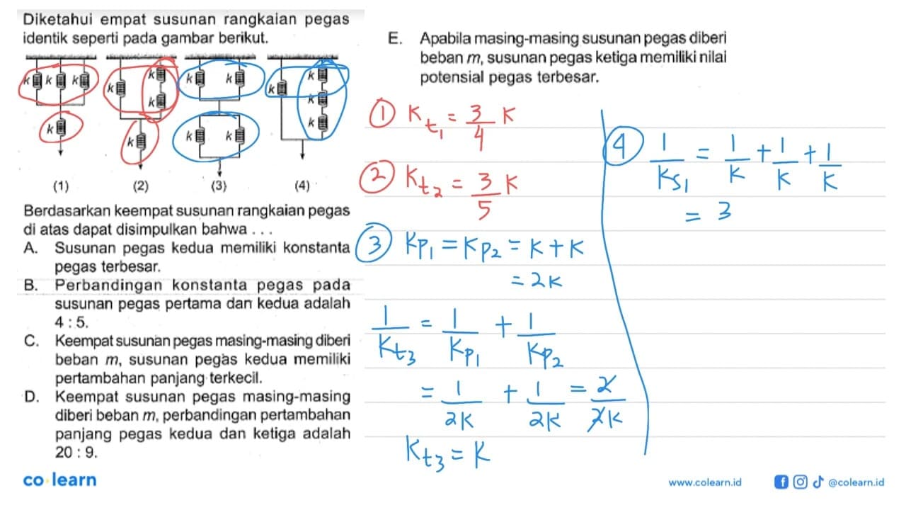 Diketahui empat susunan rangkaian pegas identik seperti