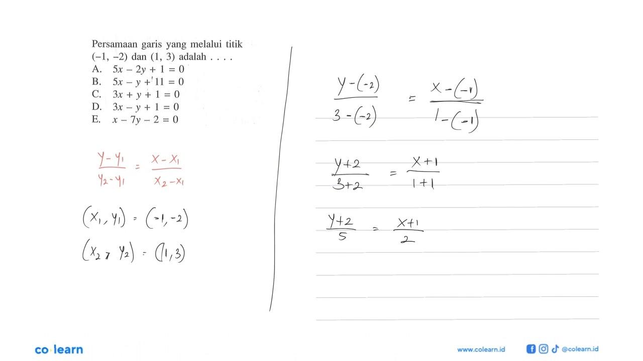 Persamaan garis yang melalui titik (-1, -2) dan (1, 3)