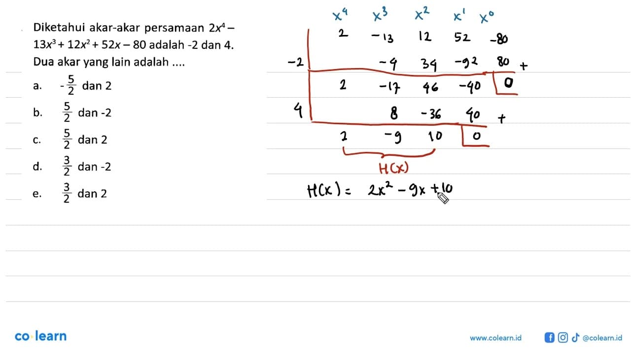 Diketahui akar-akar persamaan 2x^4-13x^3+12x^2+52x-80