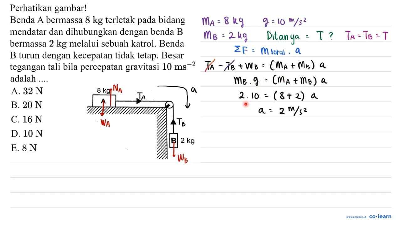 Perhatikan gambar! 8 kg A T B 2 kg Benda A bermassa 8 kg