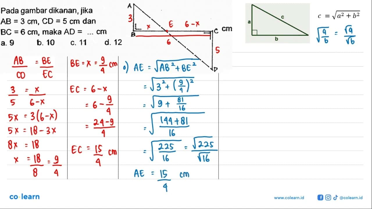 Pada gambar dikanan, jika AB = 3 cm, CD = 5 cm dan BC = 6