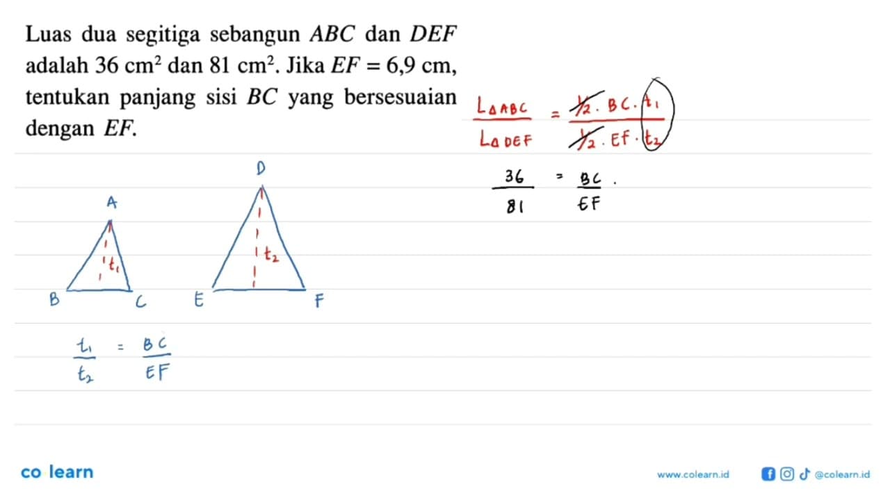 Luas dua segitiga sebangun ABC dan DEF adalah 36 cm^2 dan