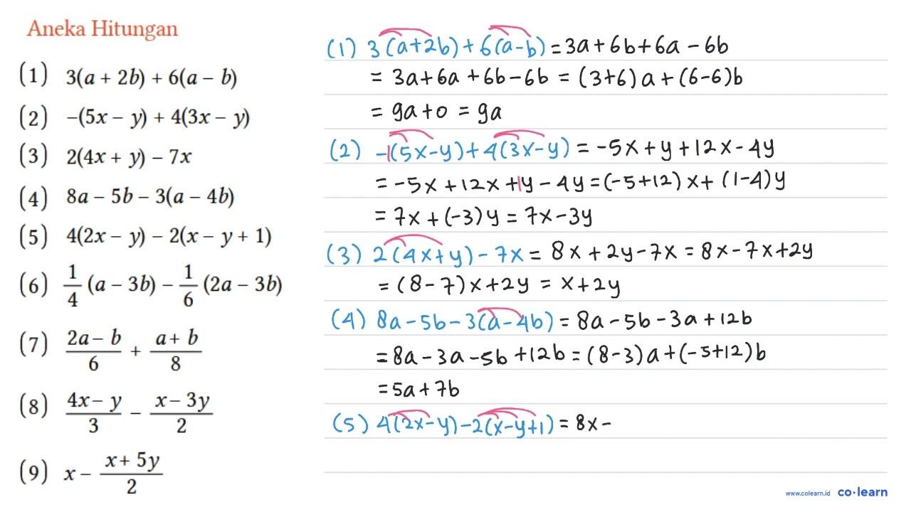 Aneka Hitungan (1) 3(a + 2b) + 6(a - b) (2) -(5x - y) +