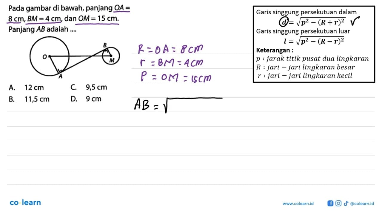 Pada gambar di bawah, panjang O A= 8 cm, B M=4 cm , dan O