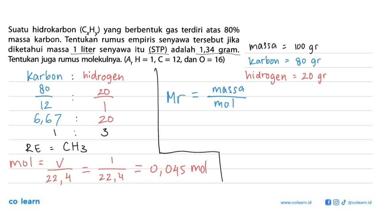 Suatu hidrokarbon (CxHy) yang berbentuk gas terdiri atas