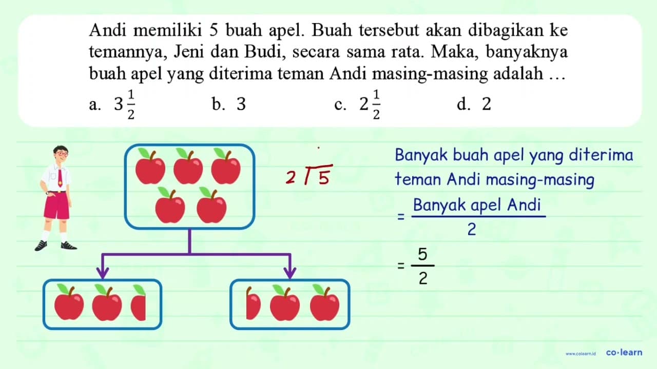 Andi memiliki 5 buah apel. Buah tersebut akan dibagikan ke