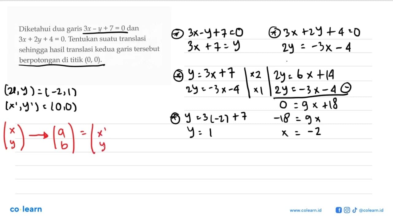 Diketahui dua garis 3x - y + 7 = 0 dan 3x + 2y + 4 = 0.