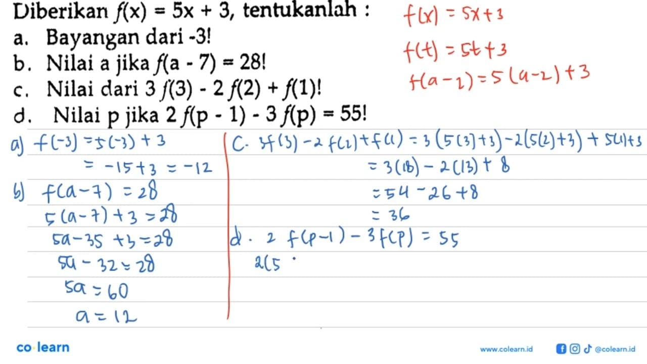 Diberikan f(x) = 5x + 3, tentukanlah :a. Bayangan dari -3!