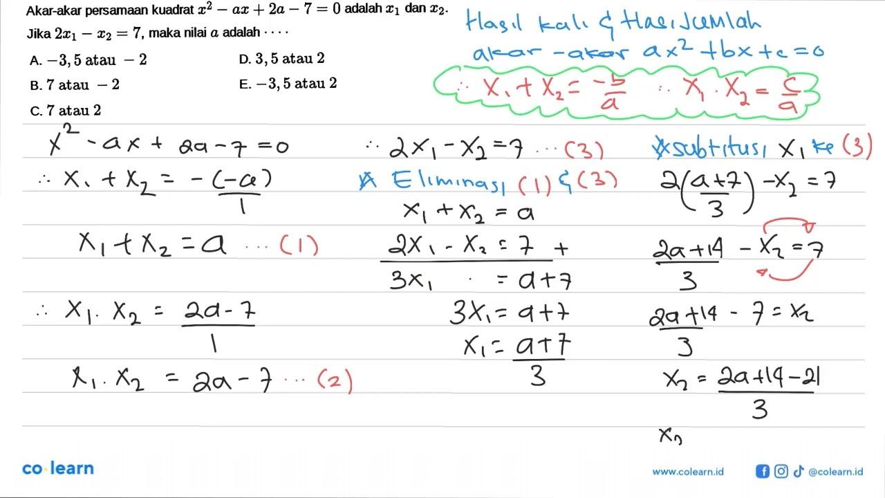 Akar-akar persamaan kuadrat x^2 - ax + 2a - 7 = 0 adalah x1