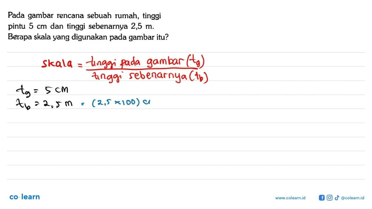 Pada gambar rencana sebuah rumah, tinggi pintu 5 cm dan