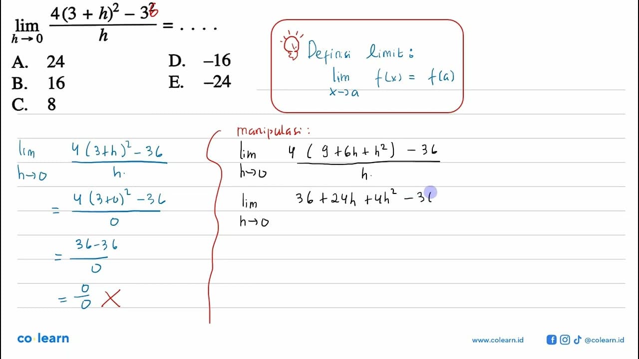 lim h->0 (4(3+h)^2-3^2)/h=....