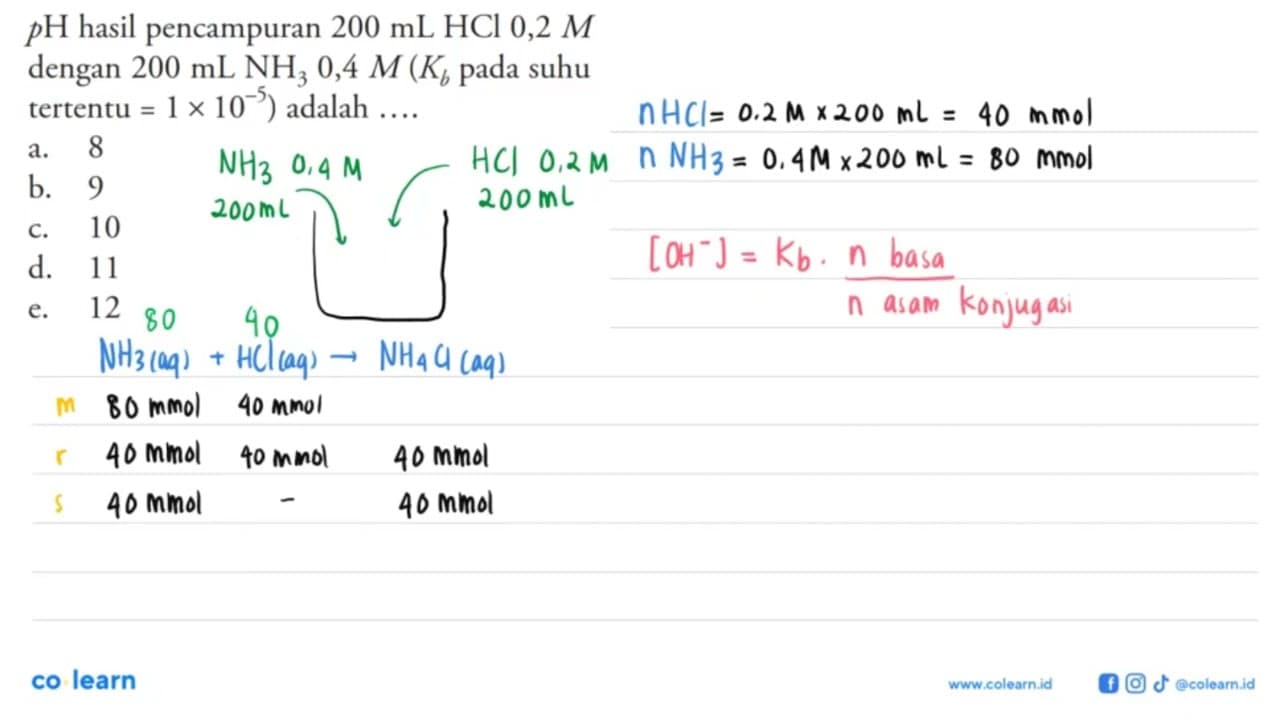 pH hasil pencampuran 200 mL HCl 0,2 M dengan 200 mL NH3 0,4