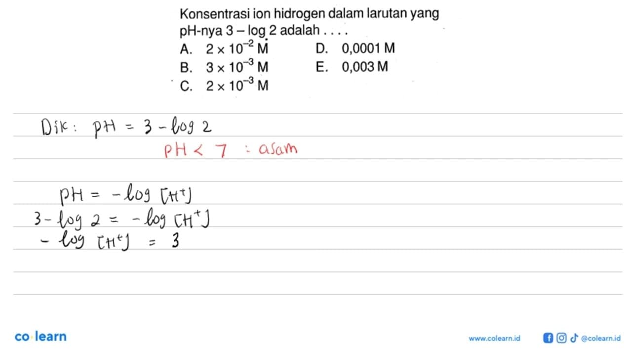 Konsentrasi ion hidrogen dalam larutan yang pH-nya 3-log 2