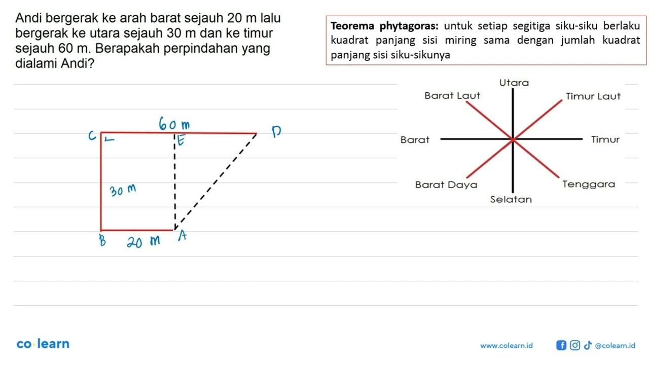 Andi bergerak ke arah barat sejauh 20 m lalu bergerak ke