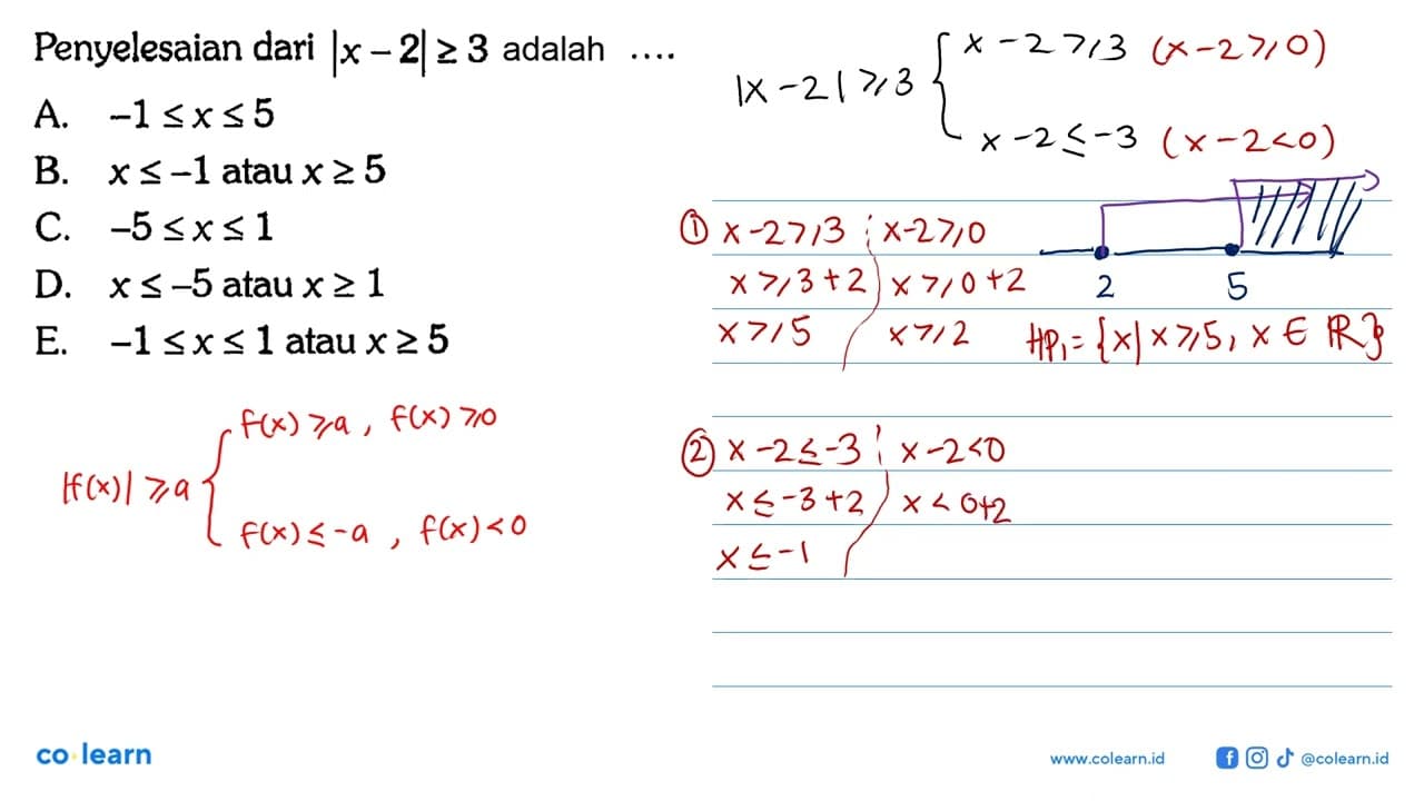 Penyelesaian dari Ix - 2|>= 3 adalah